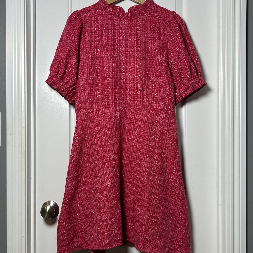 THML Hot Pink Tweed Boucle Puff‎ Sleeve Ruffle Neck Mini Dress Barbiecore Style